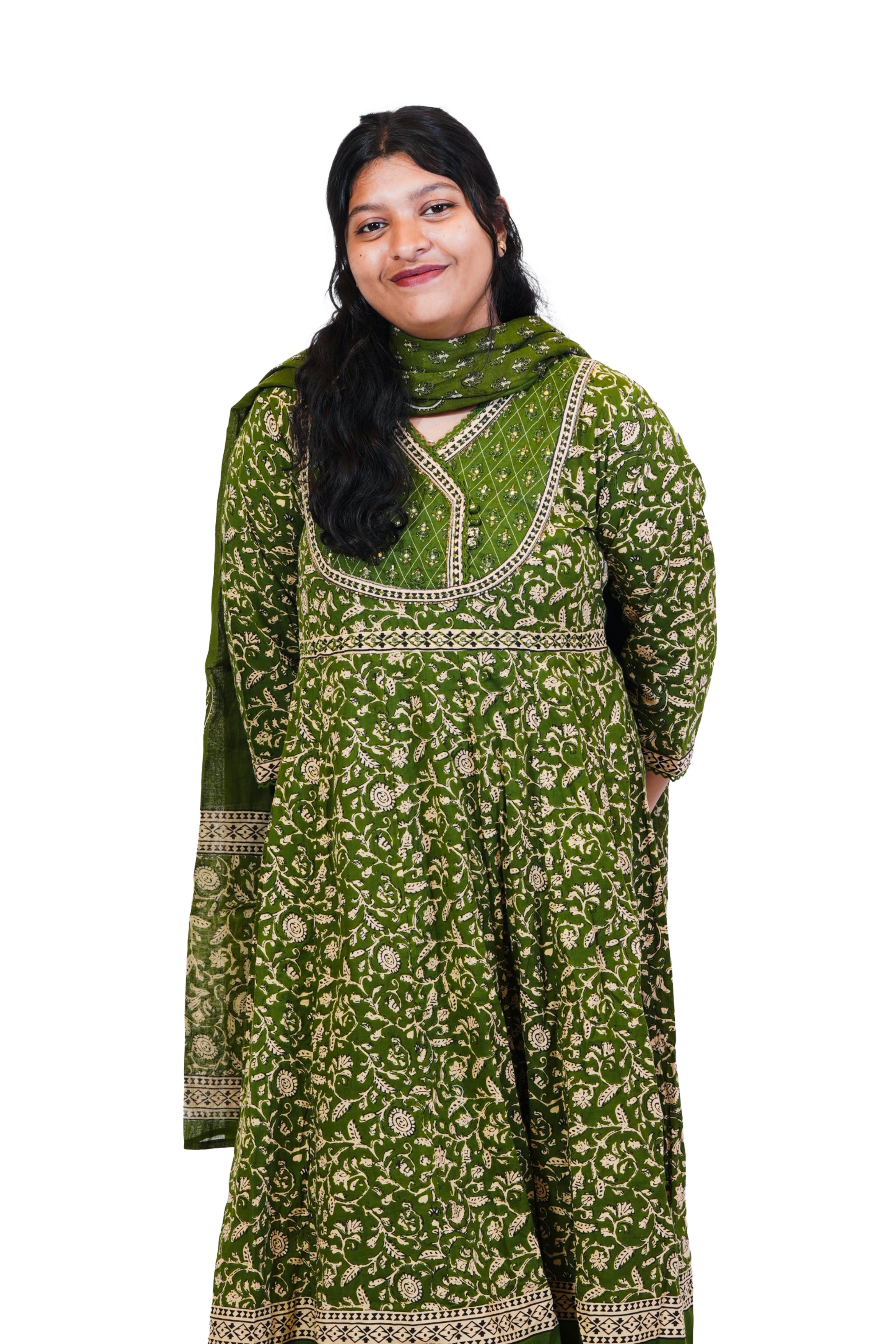 Anarkali block print flared kurta with Bottom and Dupatta suit set