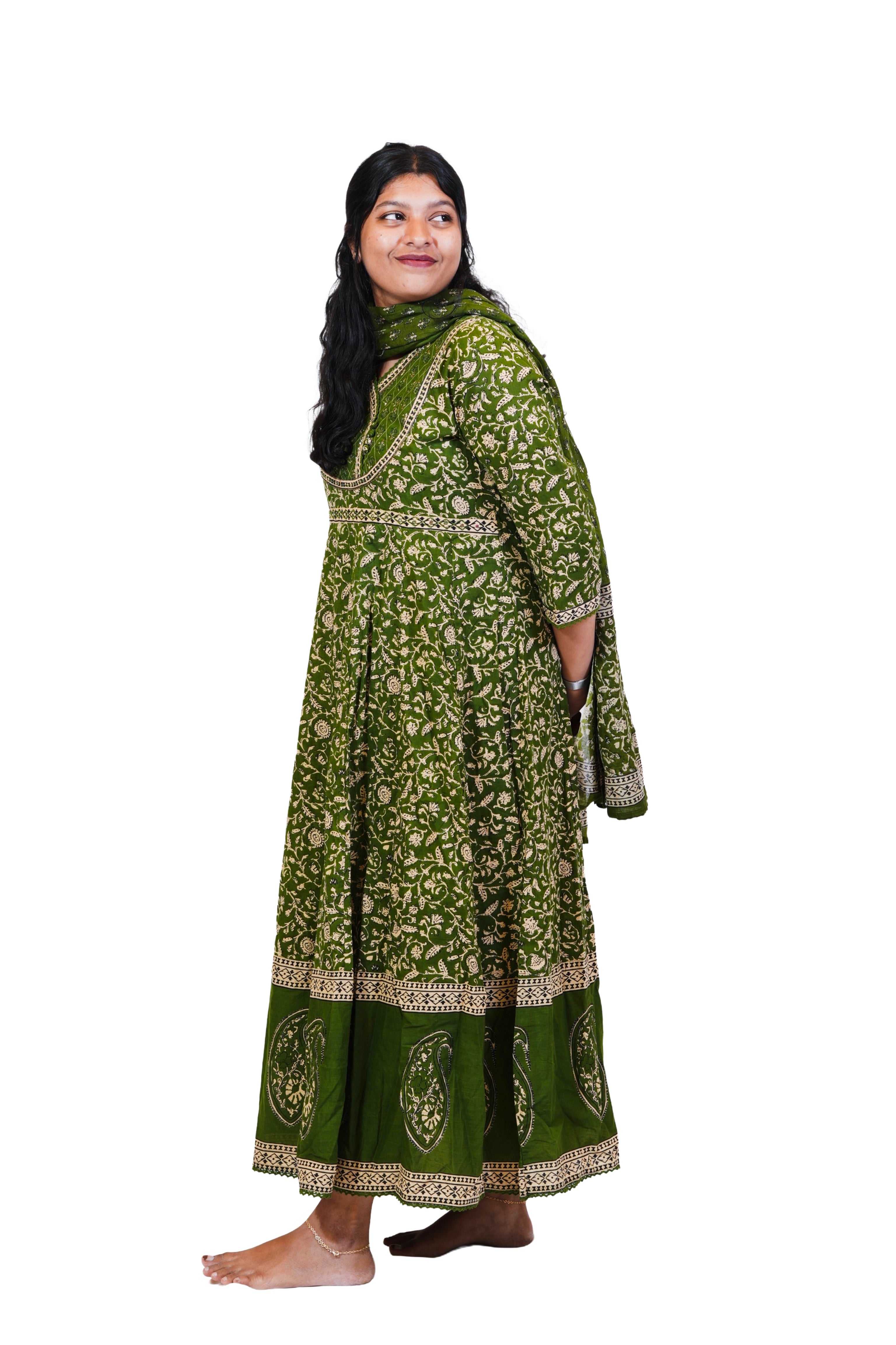 Anarkali block print flared kurta with Bottom and Dupatta suit set